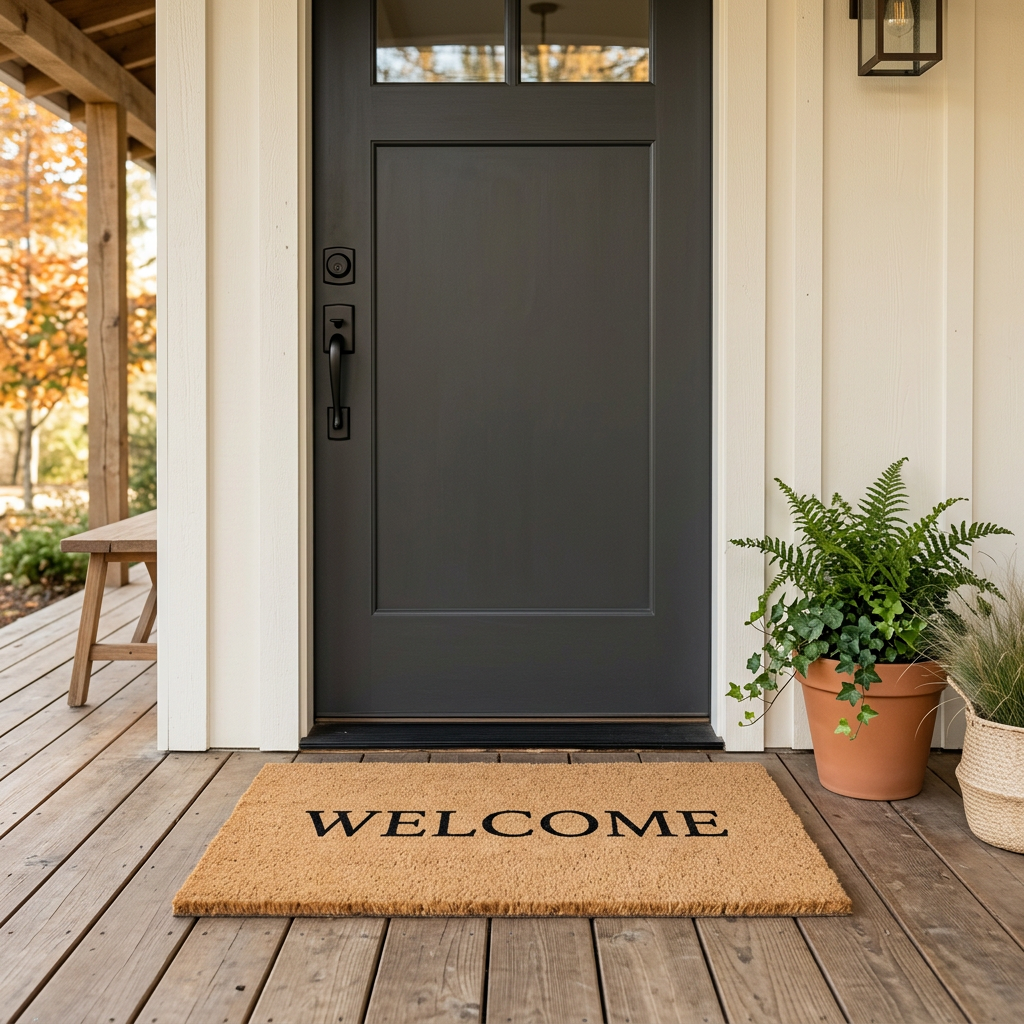 Doormats collection cover with a coir welcome mat at a warm farmhouse entryway
