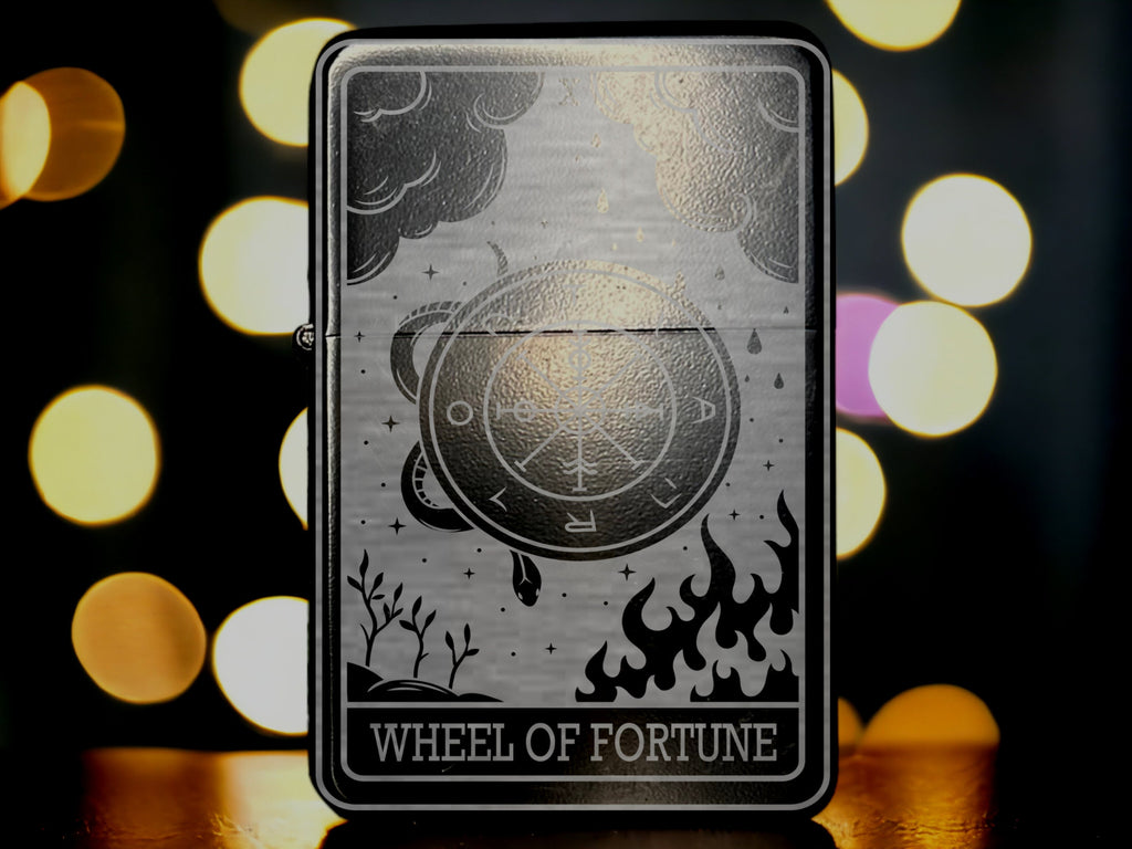 Engraved Tarot Card Lighter: Wheel of Fortune, Refillable Black Metal