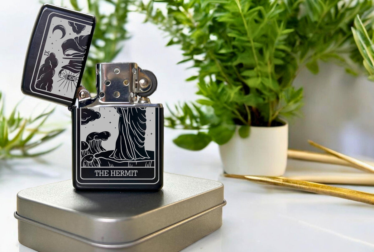 Custom Engraved Tarot Card Lighter, Refillable Black Gothic Gift, Spiritual Present, Smoker Accessory
