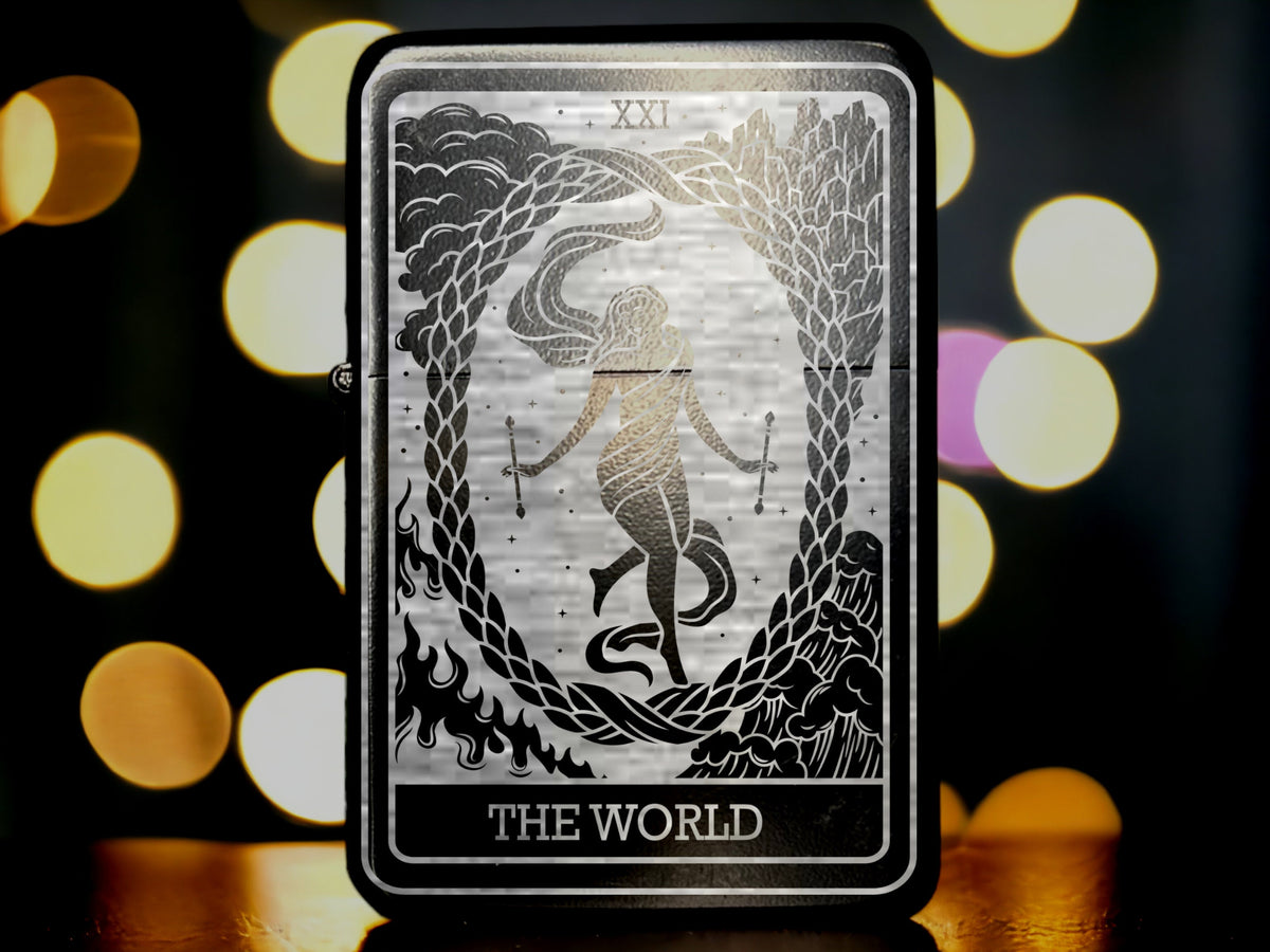 The World Tarot Card Lighter | Engraved Black Refillable Flip Top