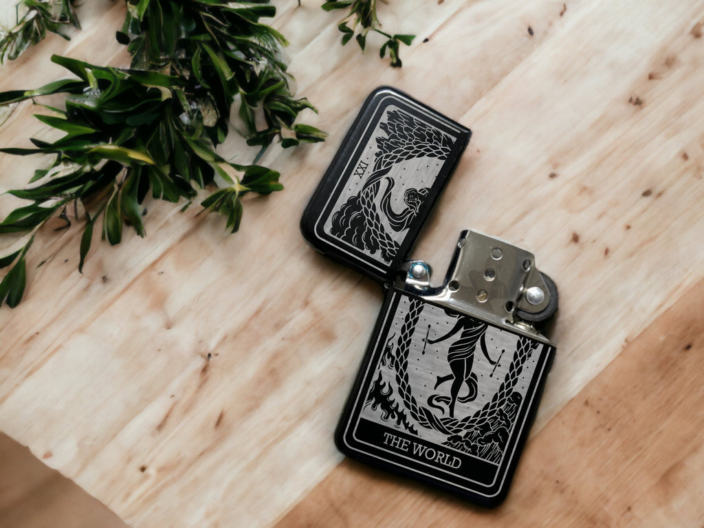 The World Tarot Card Lighter | Engraved Black Refillable Flip Top