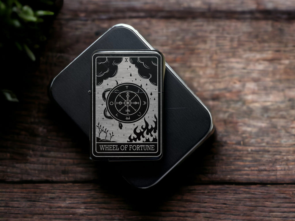 Engraved Tarot Card Lighter: Wheel of Fortune, Refillable Black Metal
