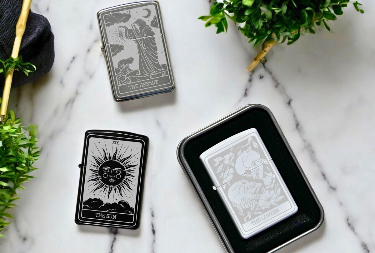 Custom Engraved Tarot Card Lighter, Refillable Black Gothic Gift, Spiritual Present, Smoker Accessory