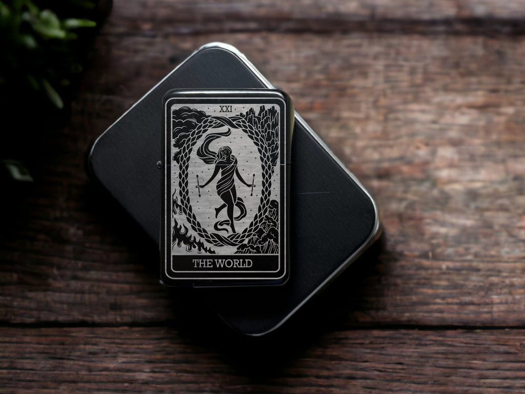The World Tarot Card Lighter | Engraved Black Refillable Flip Top