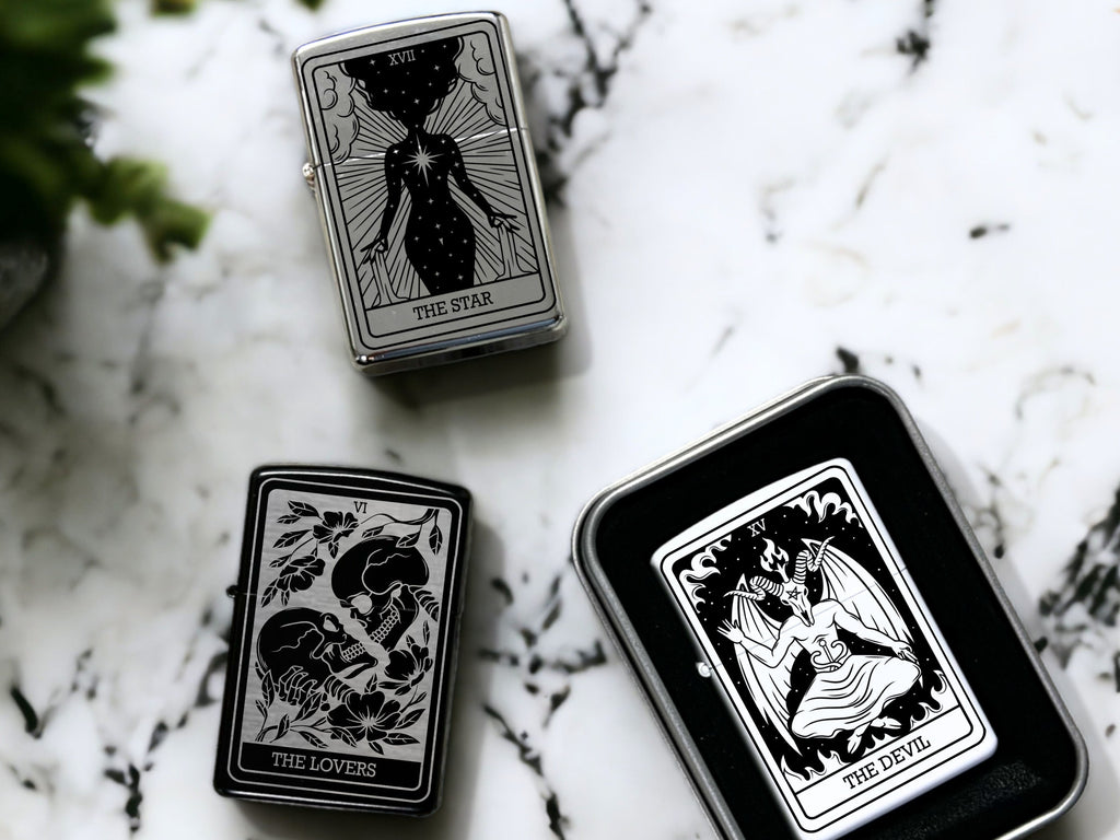 Engraved Tarot Card Lighter, Refillable Black Gothic Gift