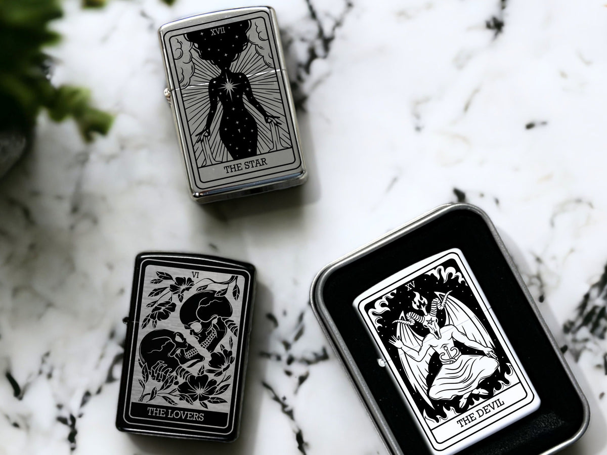 Engraved Tarot Card Lighter, Refillable Black Gothic Gift