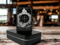 Engraved Tarot Card Lighter: Wheel of Fortune, Refillable Black Metal