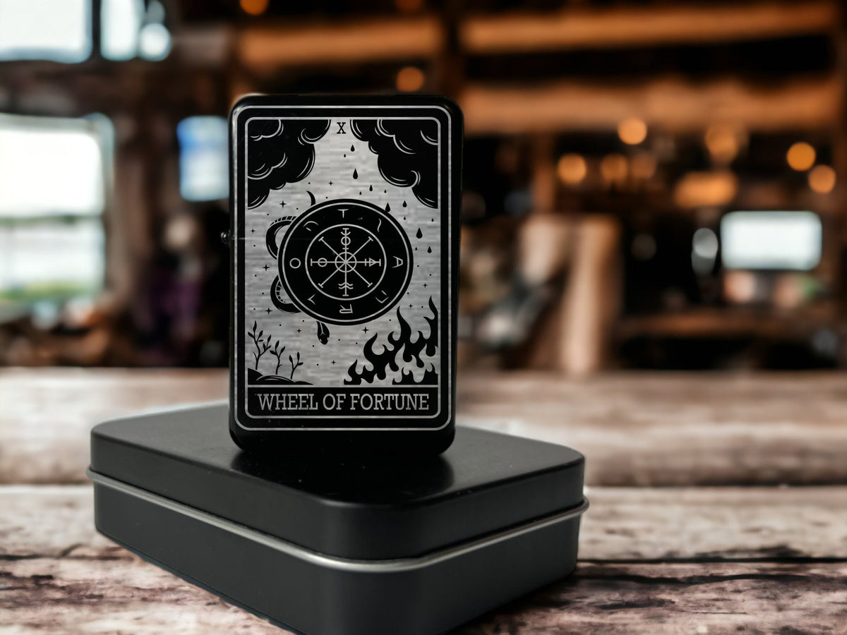 Engraved Tarot Card Lighter: Wheel of Fortune, Refillable Black Metal