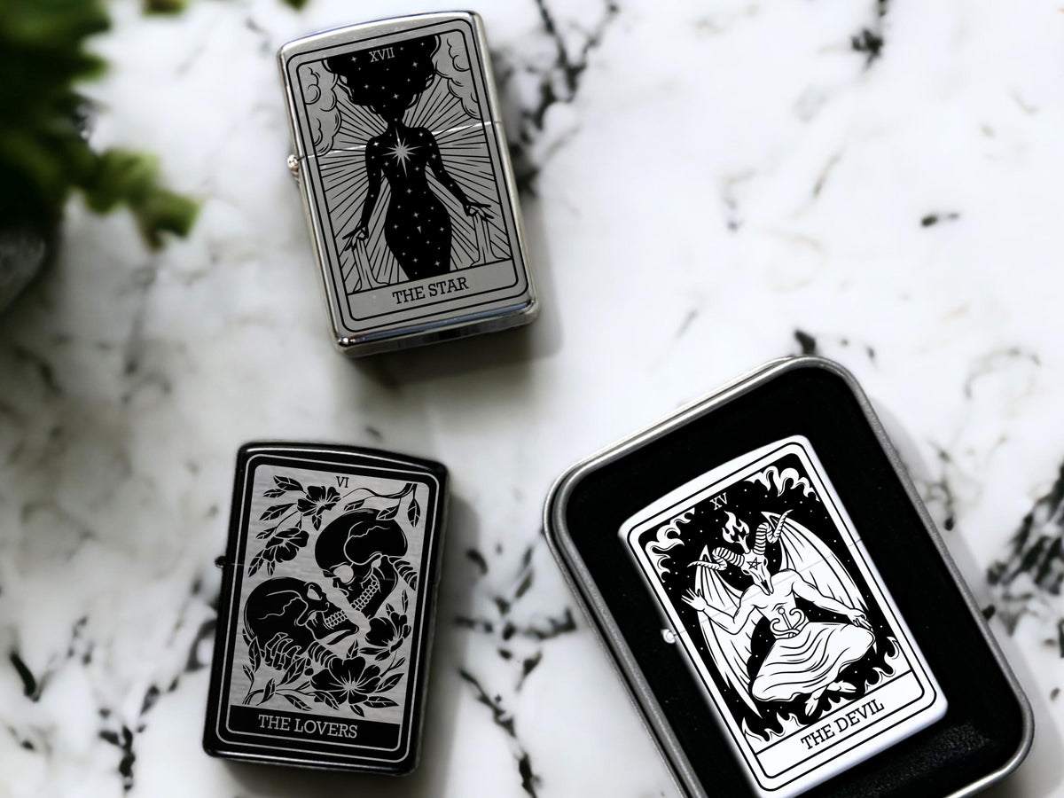 Engraved Tarot Card Lighter, Gothic Accessories, Sun, Moon, Lovers