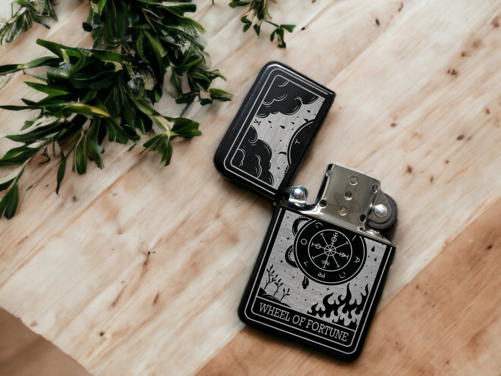 Engraved Tarot Card Lighter: Wheel of Fortune, Refillable Black Metal