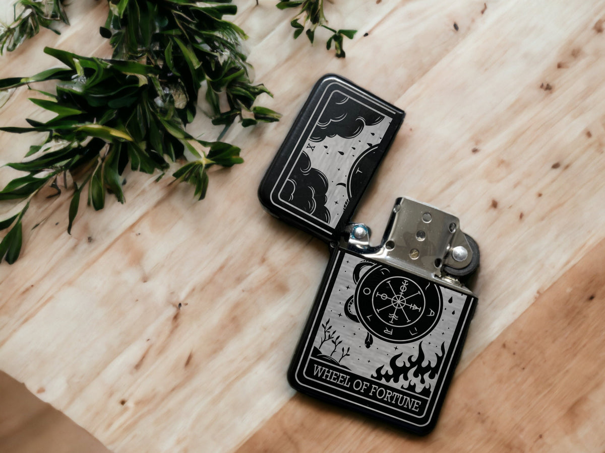 Engraved Tarot Card Lighter: Wheel of Fortune, Refillable Black Metal