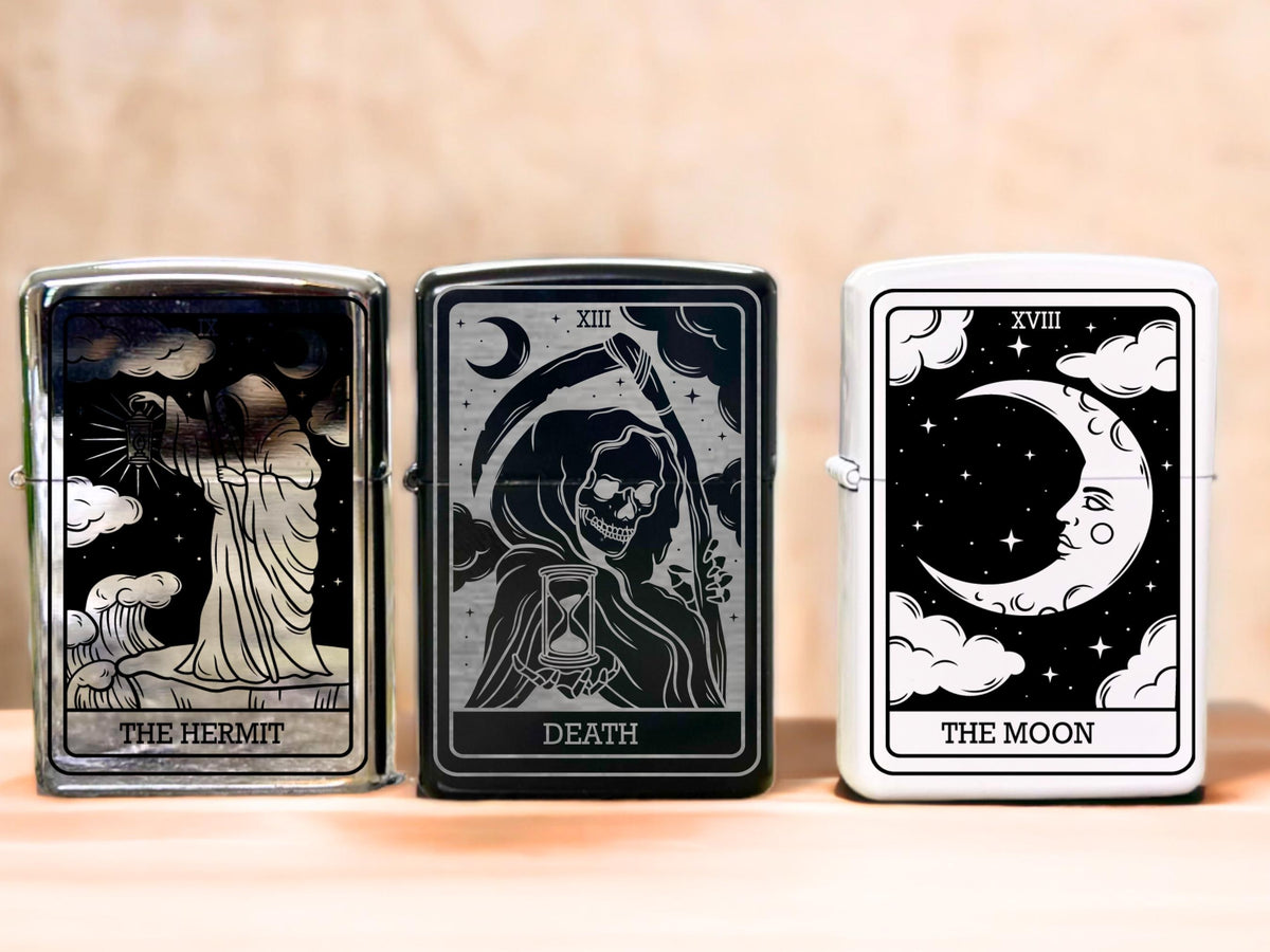 Engraved Tarot Card Lighter, Gothic Accessories, Sun, Moon, Lovers