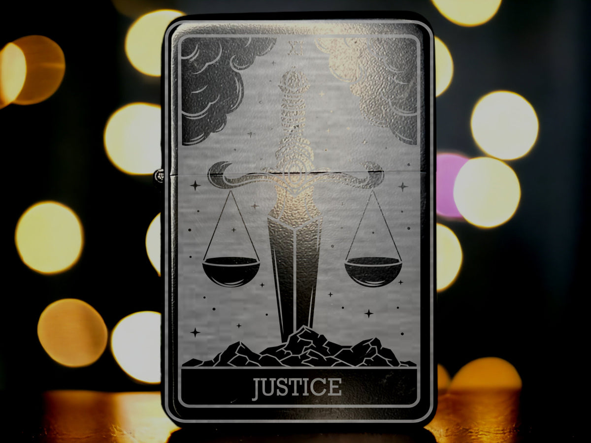 Justice Tarot Card Lighter, Custom Engraved Refillable Flip Top