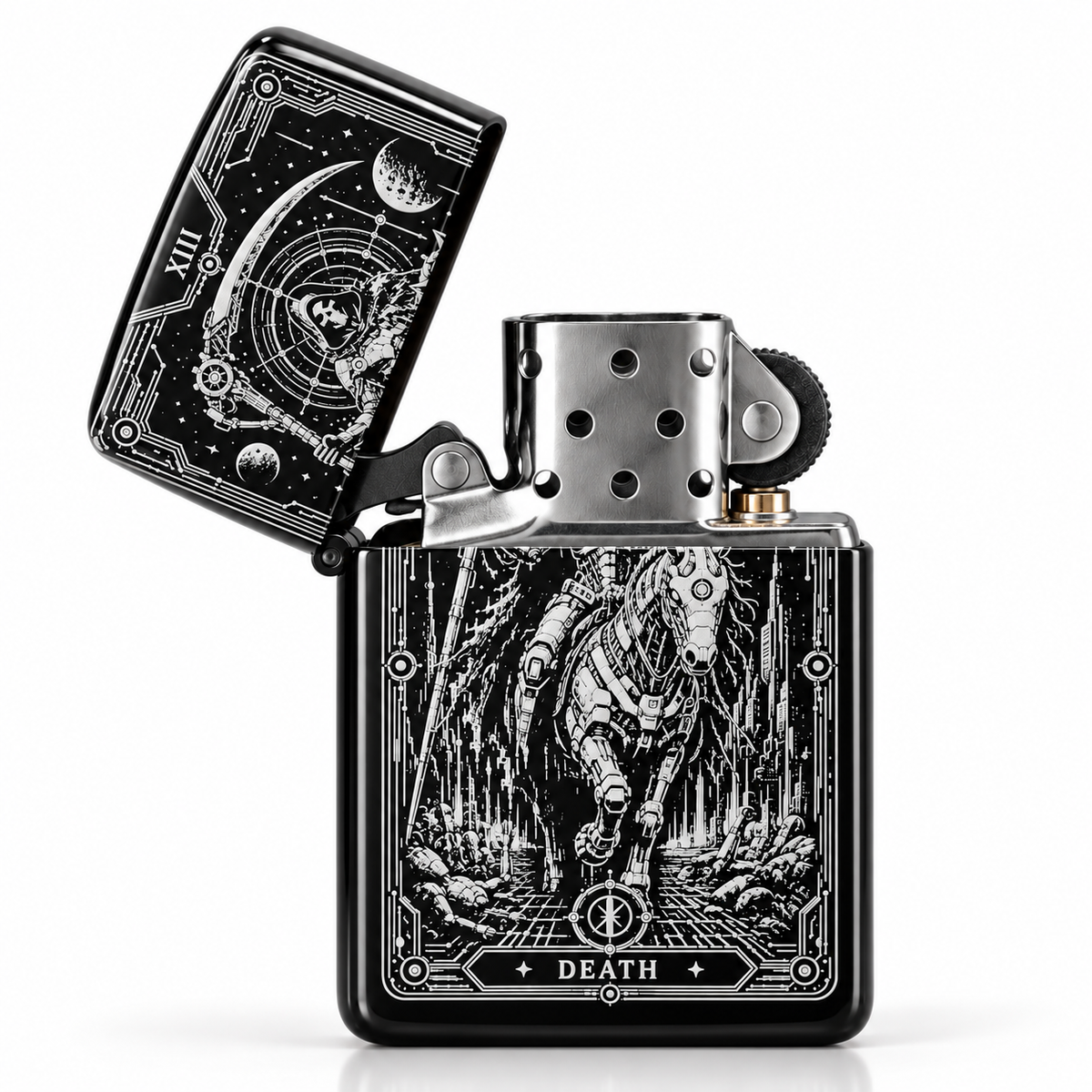 Death XIII tarot lighter pictured in a black presentation tin