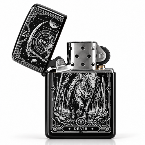 Death XIII tarot lighter pictured in a black presentation tin