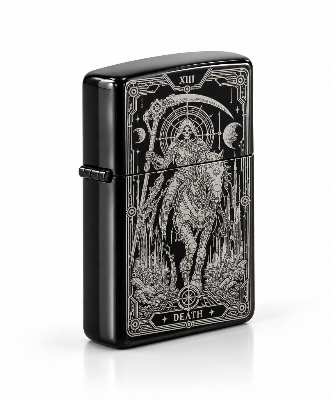 Death XIII tarot lighter with flip-top lid open