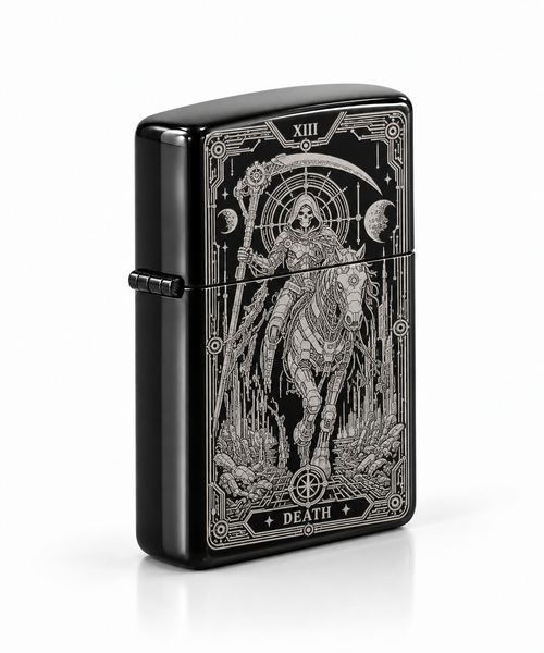 Death XIII tarot lighter with flip-top lid open