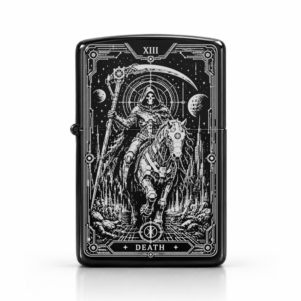 Front view of black Death XIII tarot lighter with silver-toned futuristic rider artwork