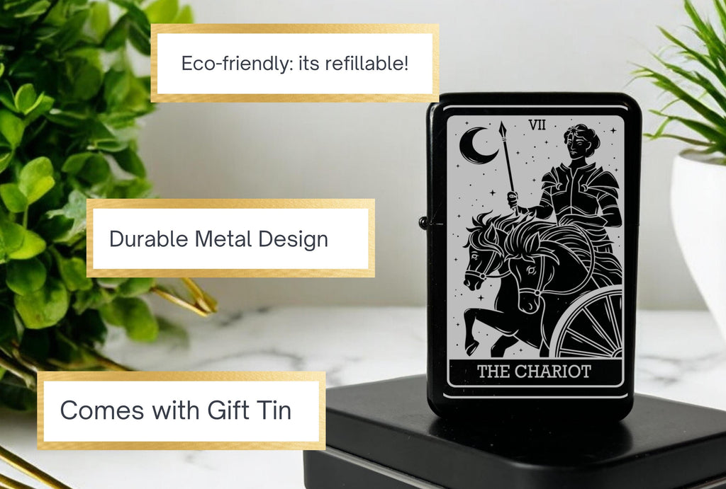 Custom Engraved Tarot Card Lighter, Refillable Black Gothic Gift, Spiritual Present, Smoker Accessory