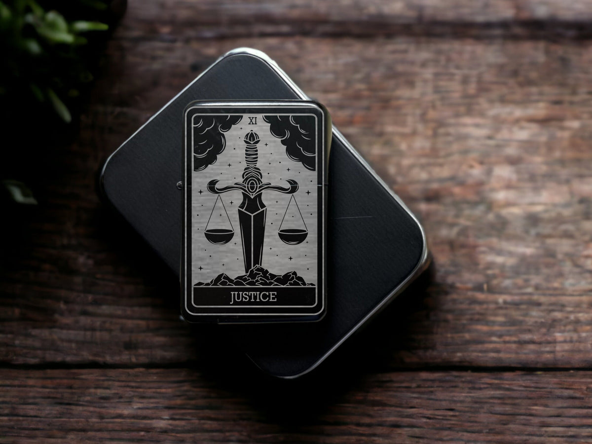 Justice Tarot Card Lighter, Custom Engraved Refillable Flip Top