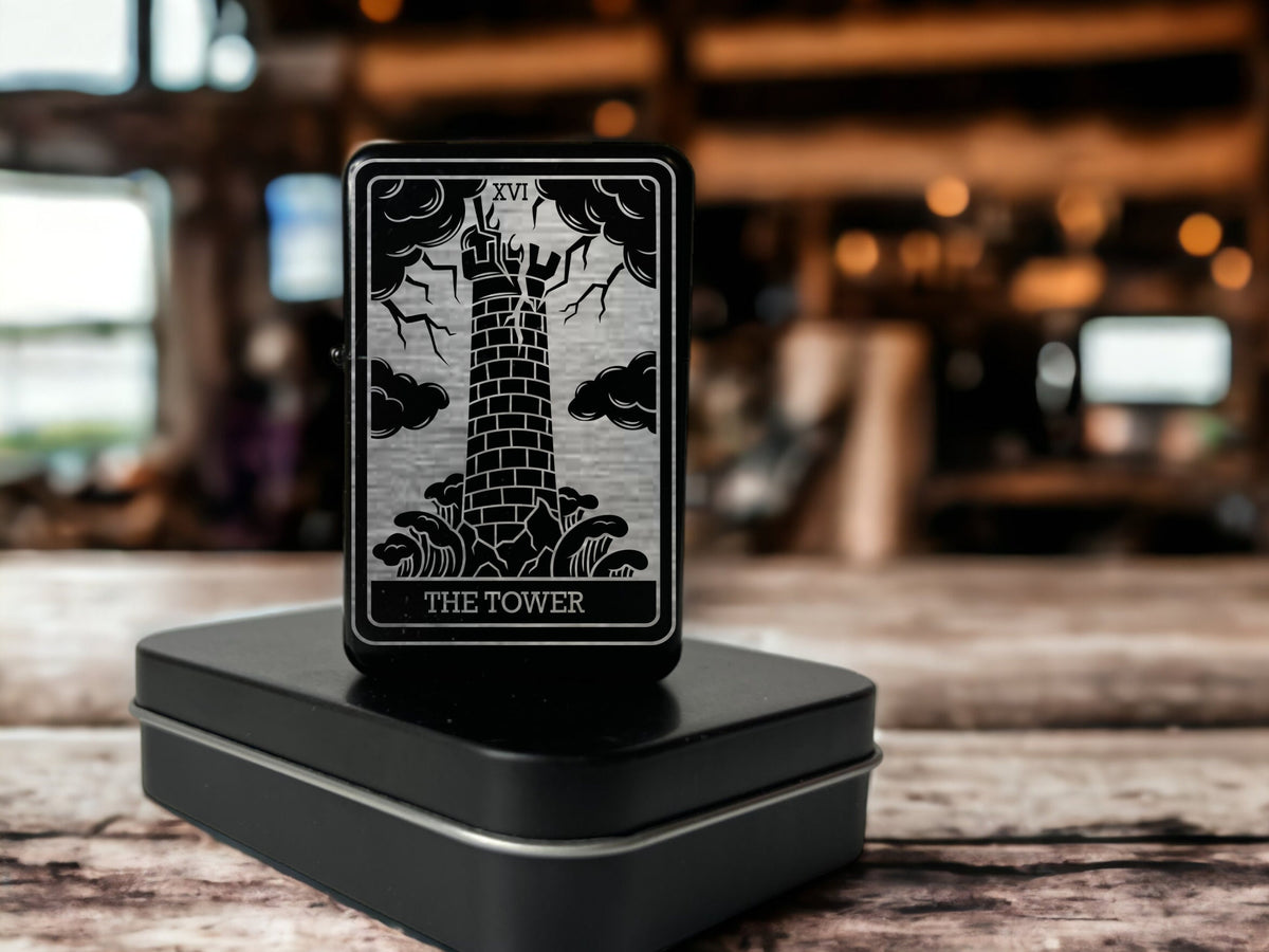 Tower Tarot Card, Refillable Fliptop lighter, Custom Engraved Lighter, Spiritual Gift, Arcana Series