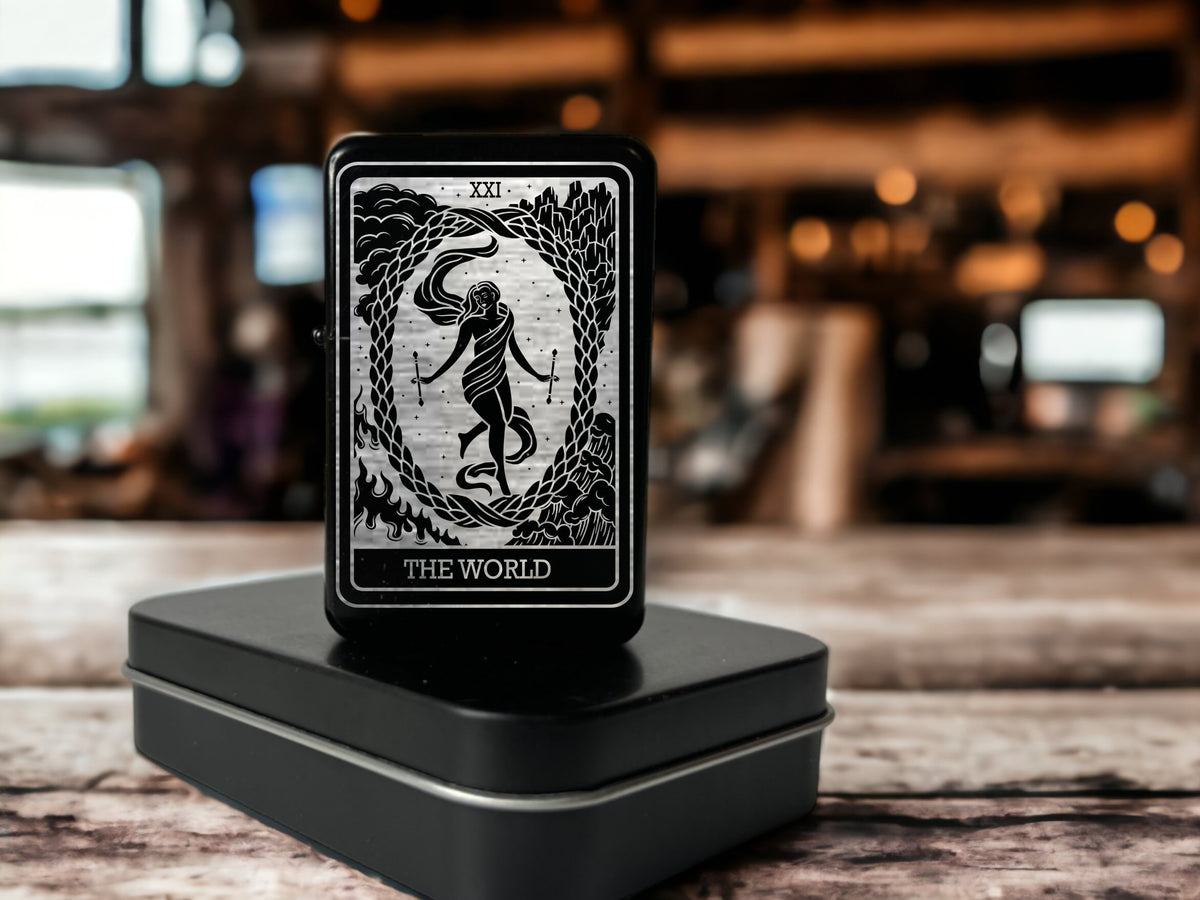 The World Tarot Card Lighter | Engraved Black Refillable Flip Top