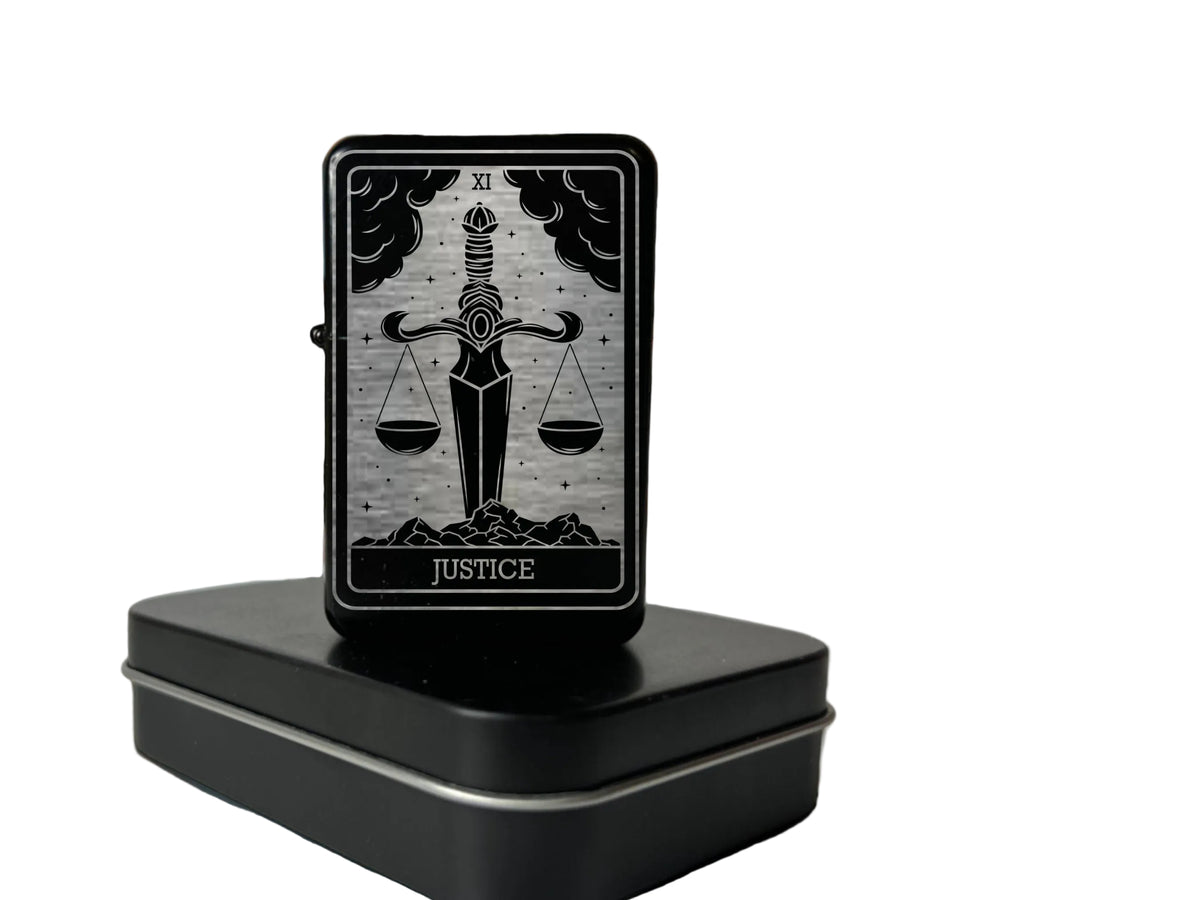 Justice Tarot Card Lighter, Custom Engraved Refillable Flip Top