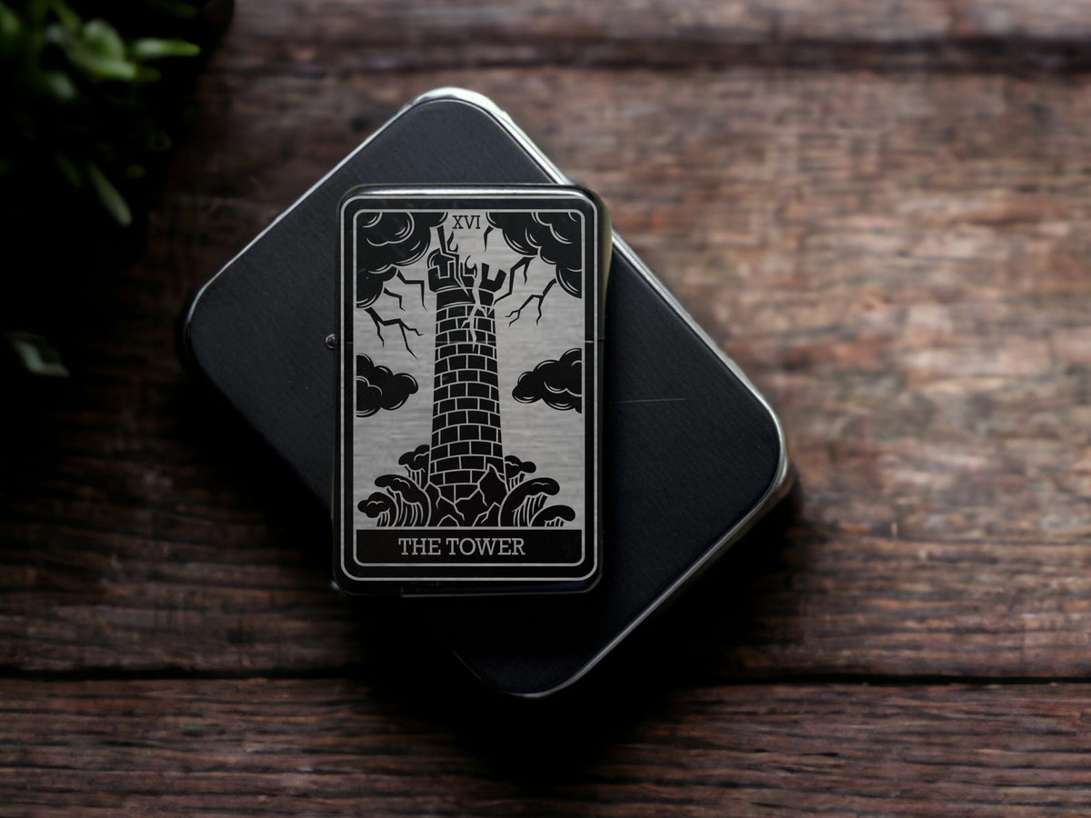 Tower Tarot Card, Refillable Fliptop lighter, Custom Engraved Lighter, Spiritual Gift, Arcana Series