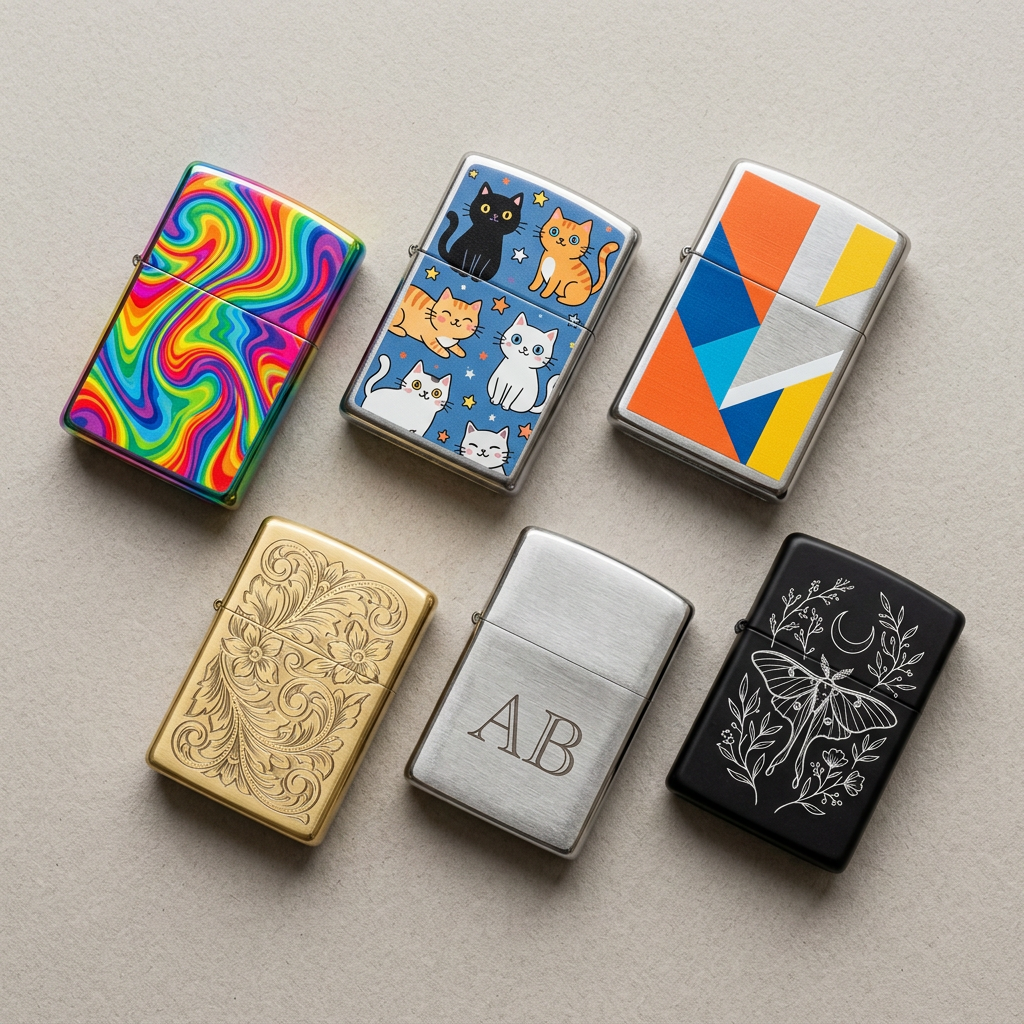 Varied lighter collection cover with colorful printed artwork and classic engraved designs